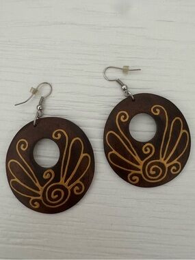 Handcrafted Wooden Hoop Earrings with Golden Scroll Design